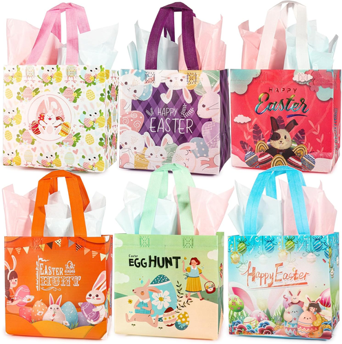 18Pcs Easter Gift Bags with Handles, Reusable Easter Tote Bag Non-Woven Treat Go