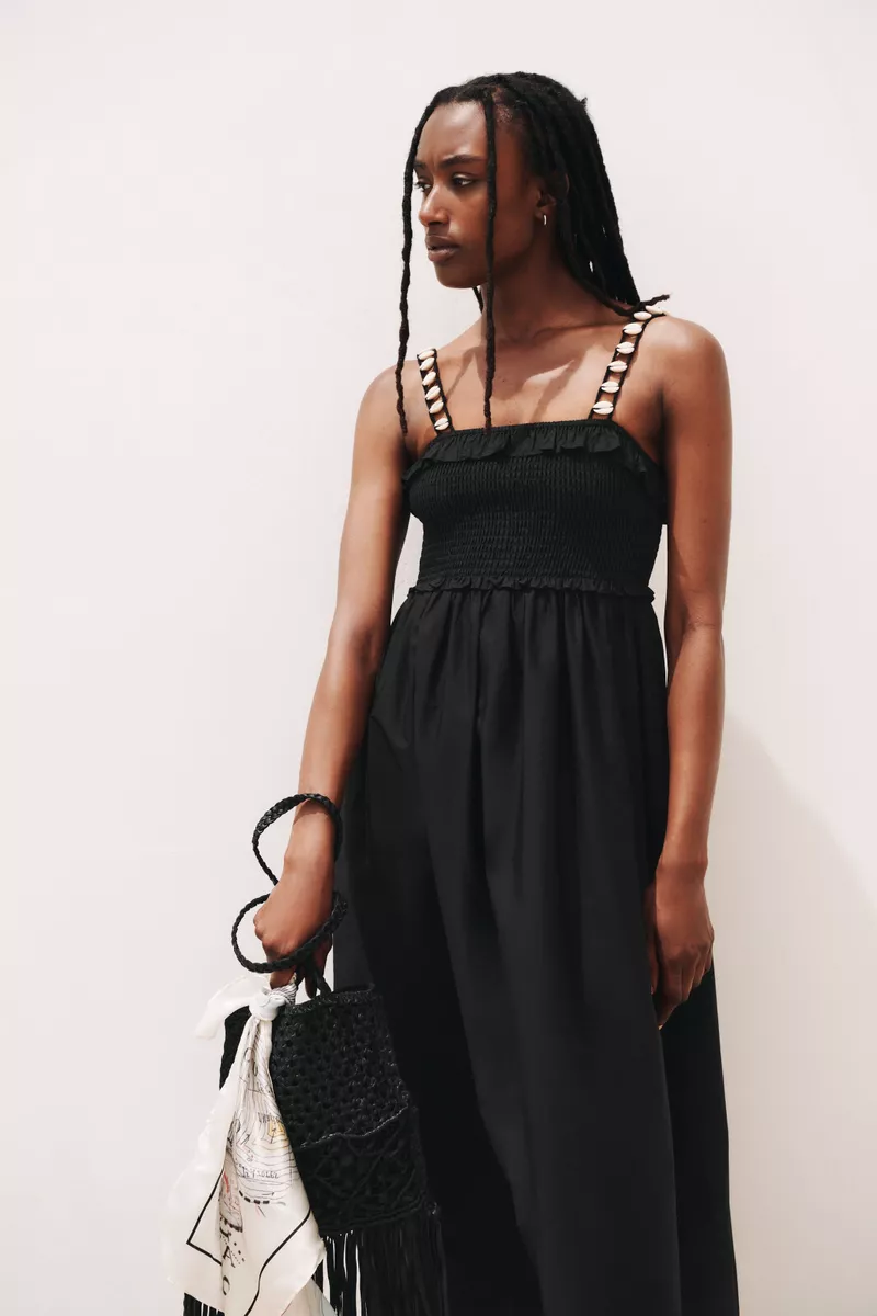 ZARA Seashell Embroidered Smocked Strappy Midi Dress XS S M L