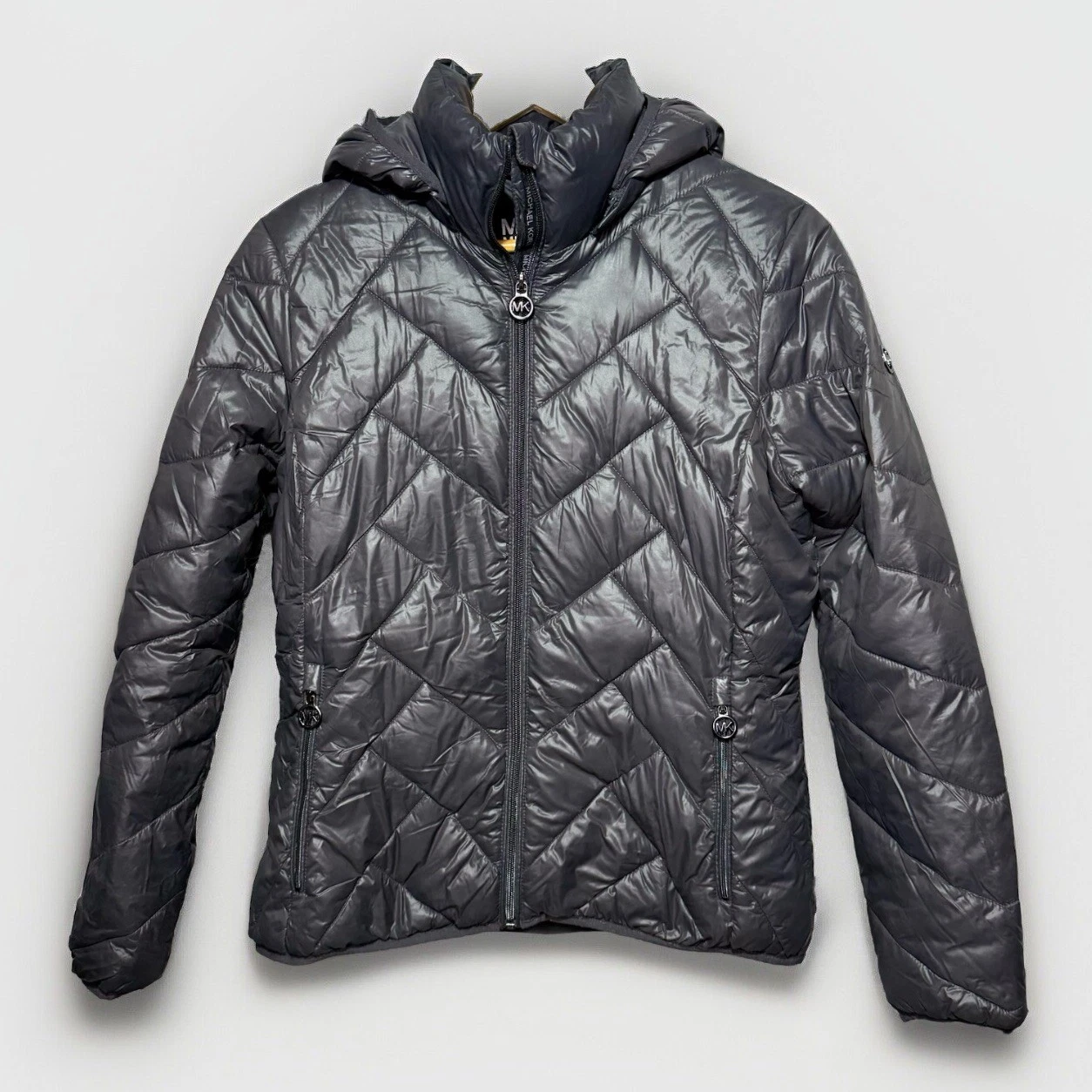 Piumino donna Michael Kors confezionabile taglia S grigio con cappuccio leggero imbottito