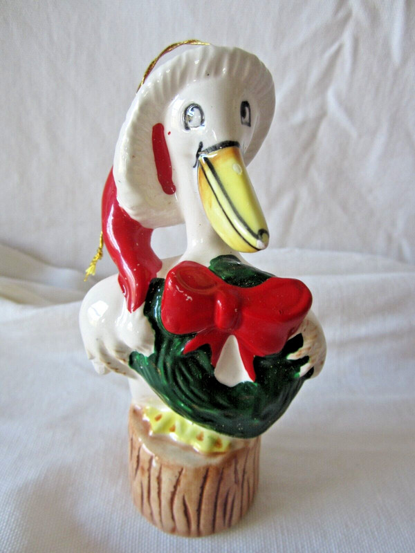 5" Tall Christmas Pelican Stork Bird Ceramic Ornament Santon Holiday Decoration