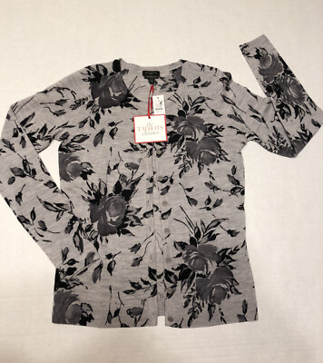 Cardigan En Laine Mérinos Talbots Noir/gris à Motif Fleuri - Taille P (Petite), Neuf Avec étiquette