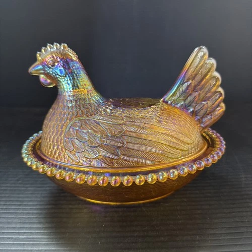 RARE Vtg Indiana Glass 7” Hen on Nest - Golden Carnival Amber Iridescent- MINT