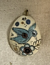 Hand Painted Blue Bird 2" Rock Pendant Teardrop Tonala Style