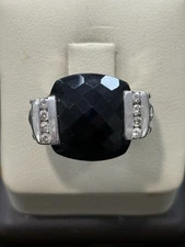 David Yurman 925 Silver 15mm Cushion Black Onyx & Diamond Cable Ring sz 6