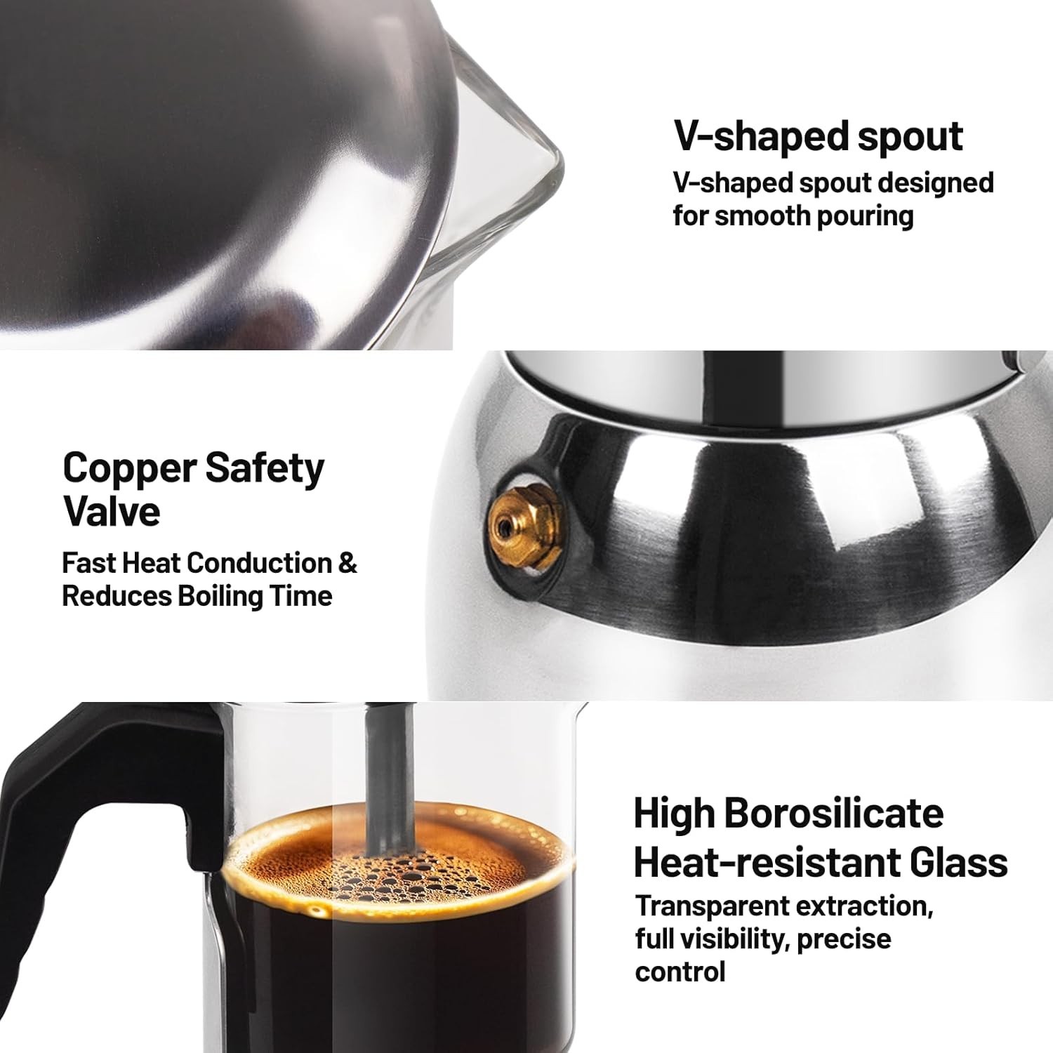 4 Cup Glass Clear Moka Pot Thickened 304 Stainless Steel Stovetop Espresso Maker