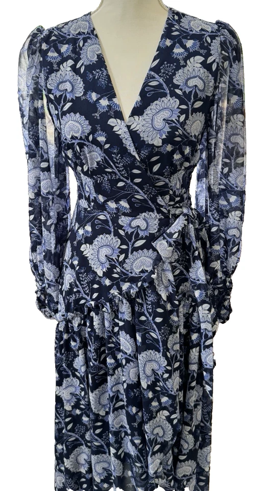 Maxi Vestido Anthropologie Hutch Geo Floral Envolvente Para Mujer Xsmall Azul, Blanco Forrado Foto 2 de 4