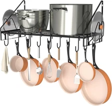 28 Inch Pot Rack Wall Mounted, Pots and Pans Organizer with 12 Hooks and 2 Pot L