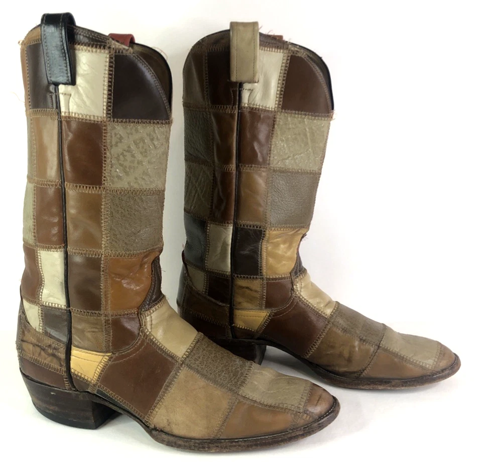 VTG 1970's LARRY MAHAN Leather Patchwork Western Cowboy Boots Size 411 - Image 3 of 4