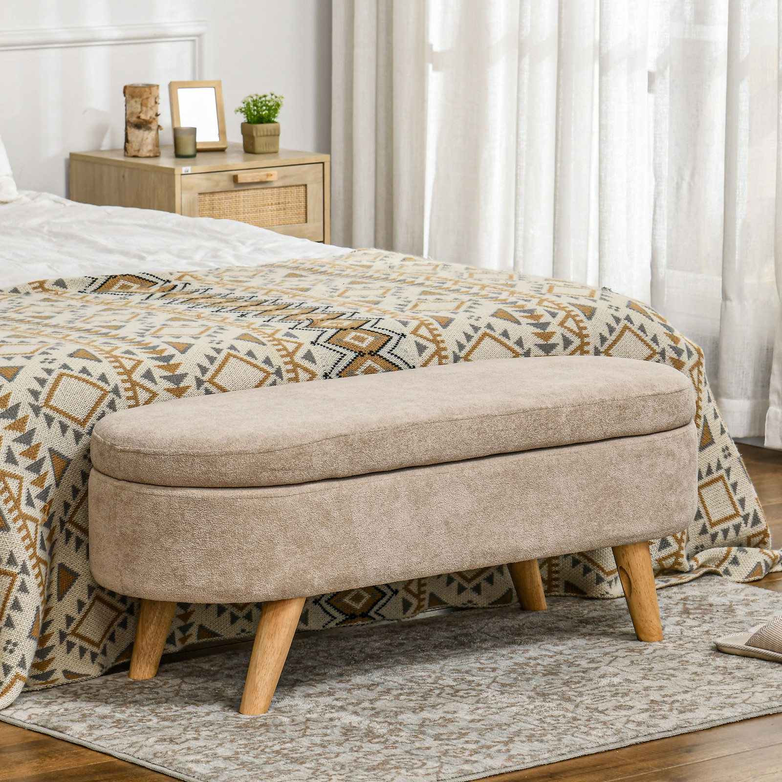 Storage Ottoman Bench, 43.3" Upholstered End of Bed Bench, Beige