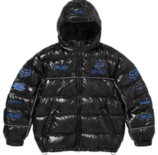 Supreme x Fox Racing Puffer Jacket Black/Blue Hooded Glossy Size Large