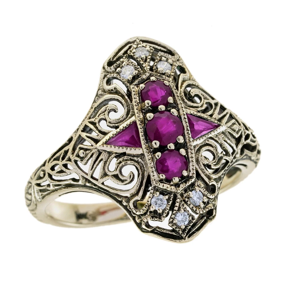 9K Yellow Gold Ruby and Diamond Vintage Style Filigree Three stone Ring - Image 2 of 4