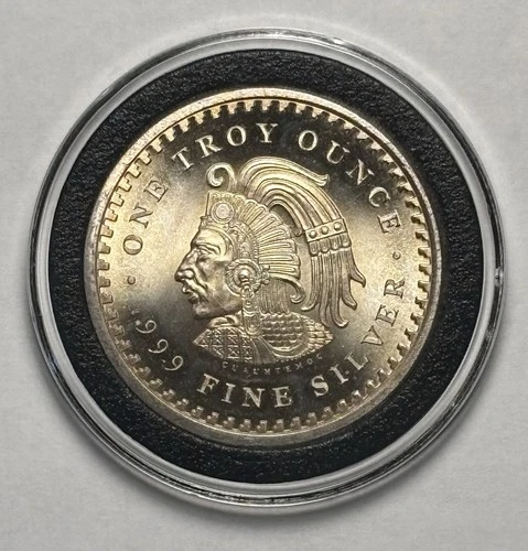 1 oz. SILVER .999 Fine AZTEC Cuauhtemoc Calendar Design - Golden Toned w/capsule