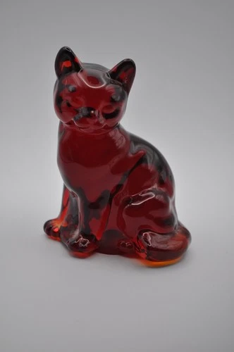 Fenton Ruby Red Glass Sitting Cat Figurine - Glows Valentine
