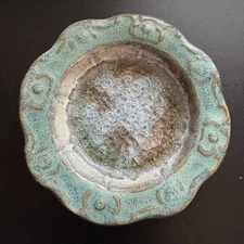 Down To Earth Hand-made Glazed  Pottery  Cracked Dish Green Made In USA