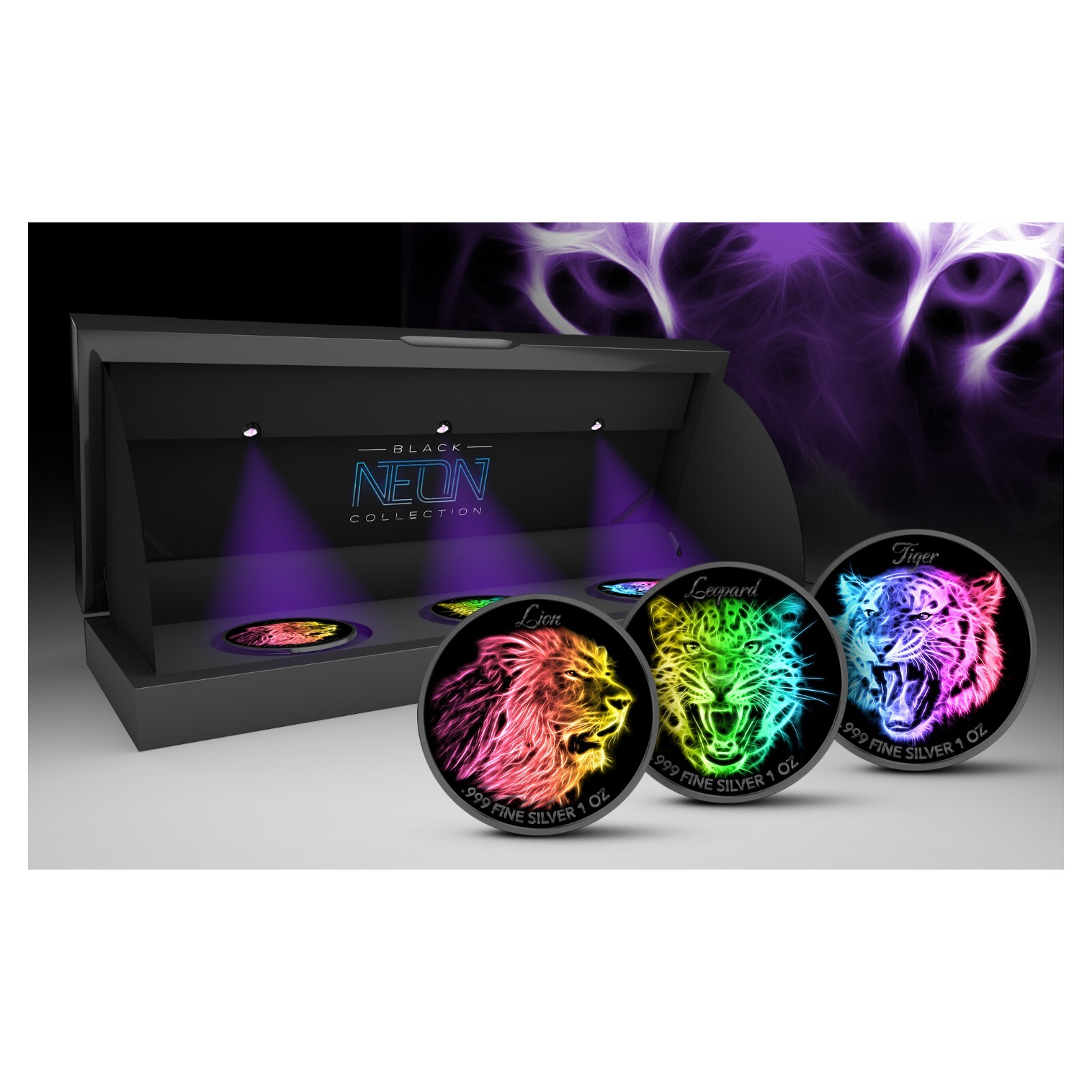 2016 Nuie $2 Black Neon Big Cats Set of 3 x 1 oz Fine Silver Glow Coins