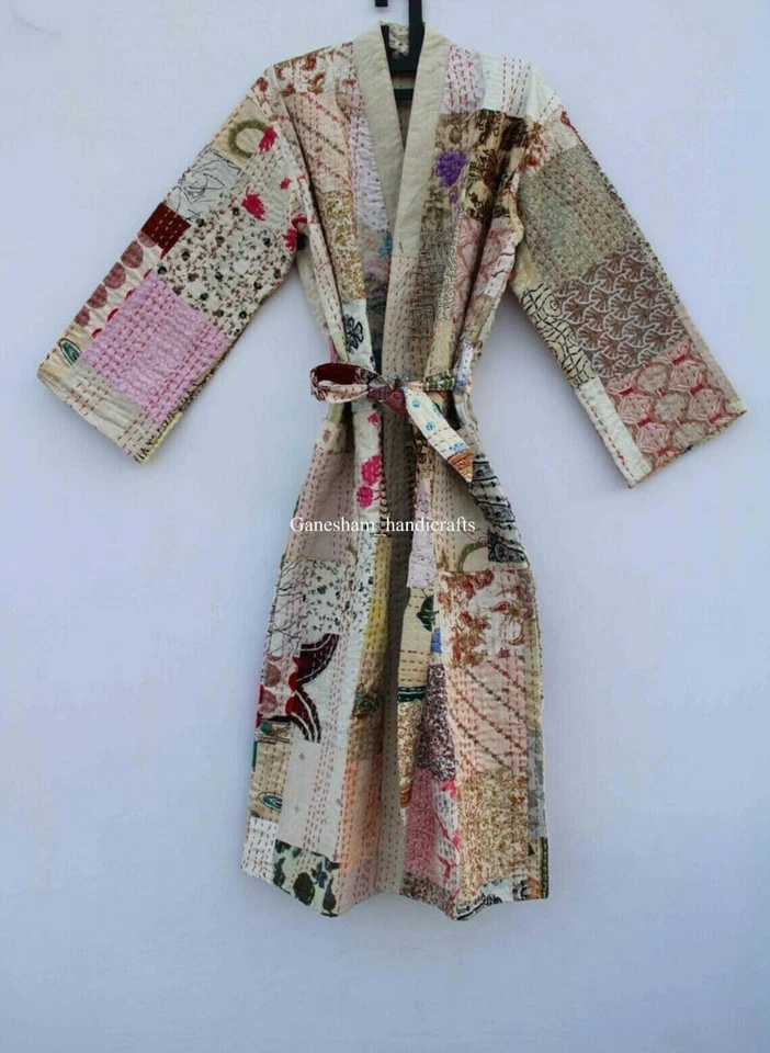 Silk patchwork handmade kantha jacket japanese kimono style kantha robe winter - Image 2 of 4