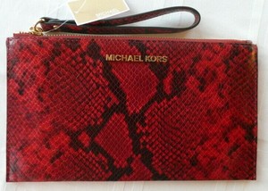 MICHAEL KORS Large Embossed Leather Snakeskin Wristlet Clutch Red