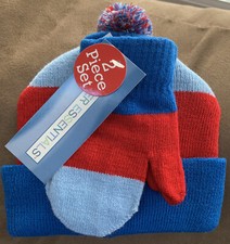 TODDLER HAT MITTEN SET RED BLUE WARM SUPER CUTE