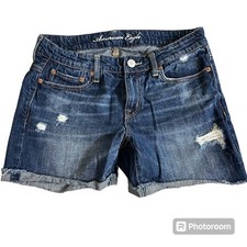 American Eagle Denim Shorts Size 4 Dark Wash Distressed Jean Blue 32  