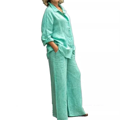 Damen Baumwolle Leinen Anzug Hemd Lockere Hose Set Langarm Freizeit Sets Sommer - Bild 6 von 32