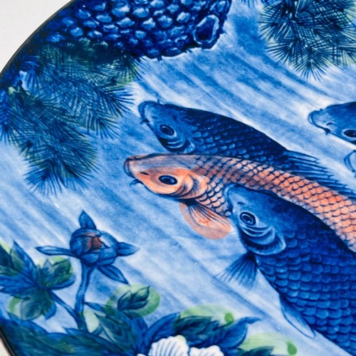 Japanese Koi Fish Goldfish Ceramic Plate Blue Orange Large Made in Japan 12.5 In - Picture 12 of 12