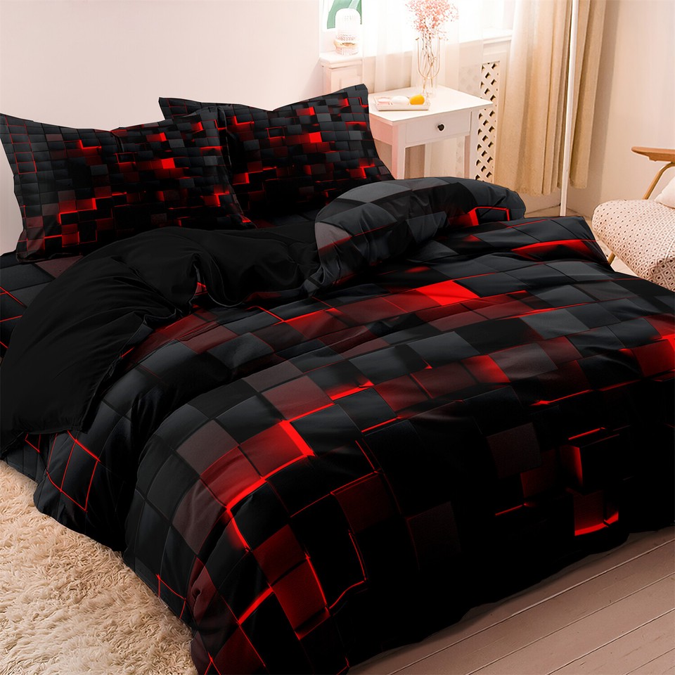 Blue Red Grid Checked Quilt Duvet Doona Cover Bed Set Single Double