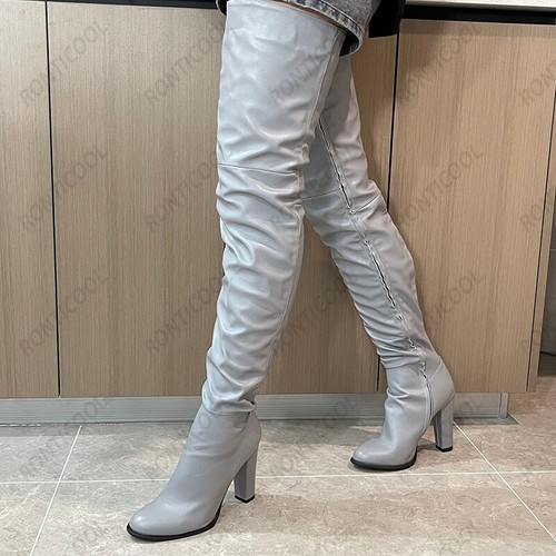 Damen Winter Overknee Stiefel durchgehender seitlicher Reißverschluss klobig hohe Absätze runde Spitze schwarz - Bild 31 von 36