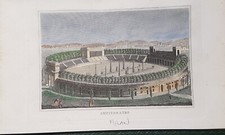 Handheld watercolor engraving MILAN Roman amphitheater 1833 ITALY