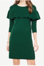Ann Taylor Dark Green Ruffle Chest Stretch Sweater Dress Medium Petite