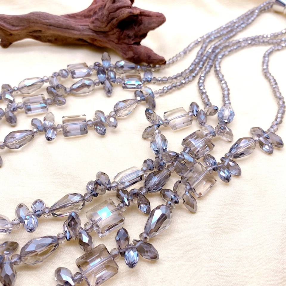 Collar de 3 filas de cristal gris llamativo de moda para mujer collares de cuello de hilo Foto 4 de 4