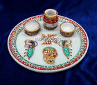 9" Wedding Handpainted Indian Culture Marble Diya Kalash Pooja Thali Decor H4094