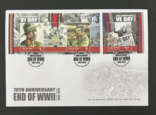 ISLE OF MAN 2015 END OF WORLD WAR 2 WW2 FIRST DAY COVER WITH DOUGLAS PMK