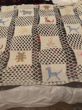 Vintage Crocheted Baby Blanket White with Pastel Animals Duck Bunny Cat Elephant