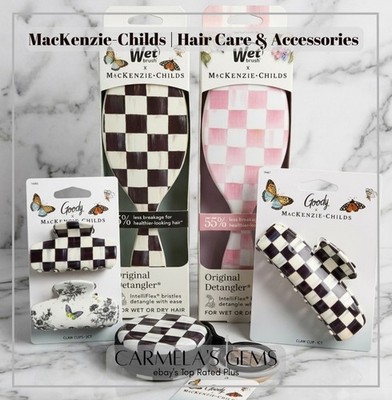 MacKenzie-Childs Wet Brush Set NWT Courtly Check Rosy Check Claw Clip | Gift