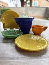 Vtg Mixed Uranium Akro Agate Slag Glass Art Deco Childs Tea Set Dishes 1930s