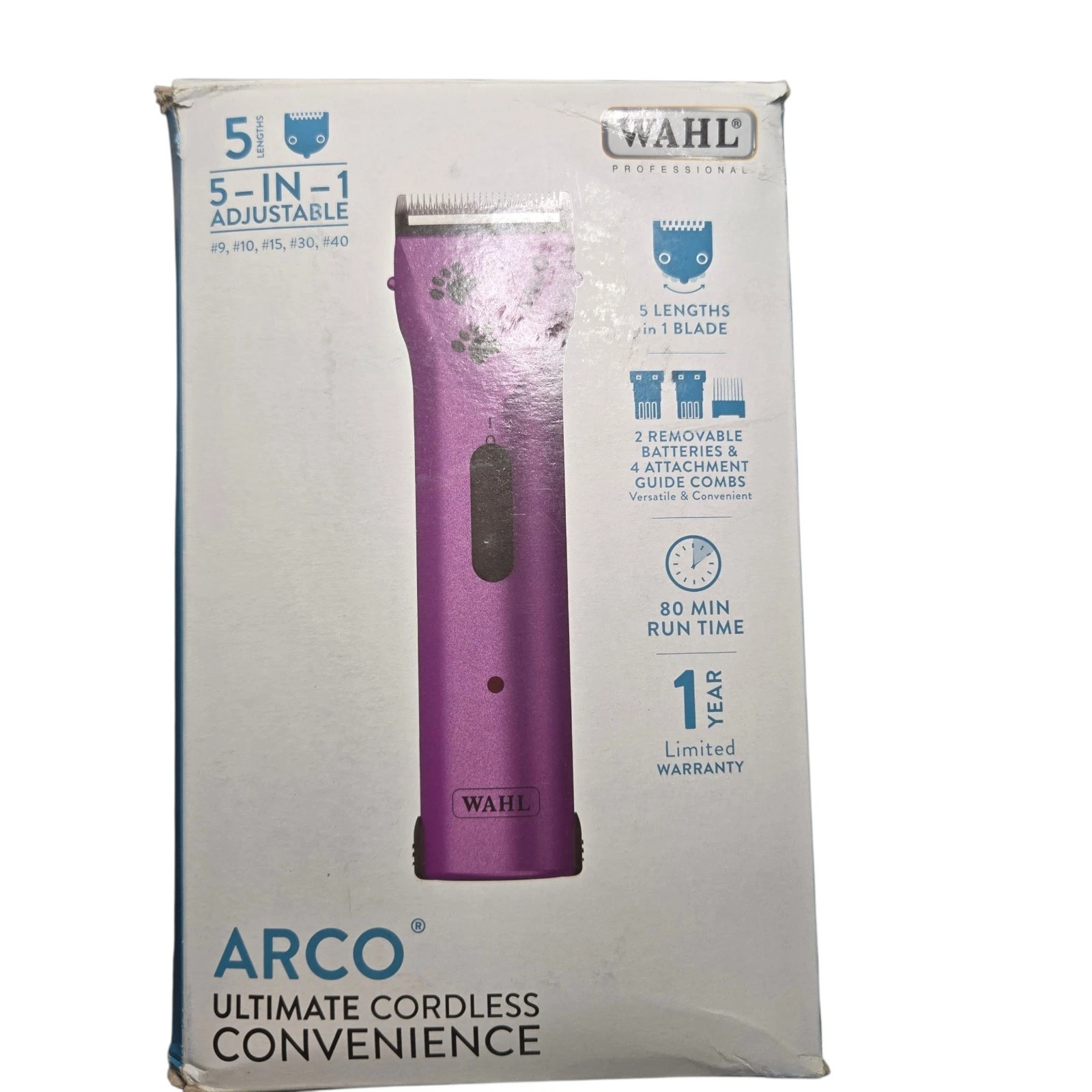 Wahl Animal Arco Pet Dog Cat Hair Clipper 2 Batteries Charger Combs 8786-1001