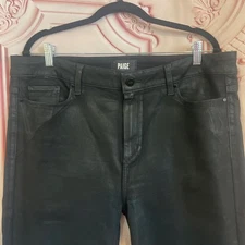 Anthropologie Paige Cindy Black Coated Lux Leather Look Straight Leg Jeans Sz 34