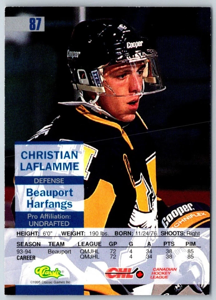 1995 Classic Images Christian Laflamme #87 Beauport Harfangs Hockey Card - Image 2 of 2
