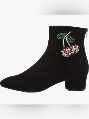 Betsey Johnson Basil Cherry Rhinestone Suede Ankle Boots in Black Size 6.5