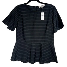 NWT Loft Womens Black Short Sleeve Pin Stripe Peplum Top Size 0