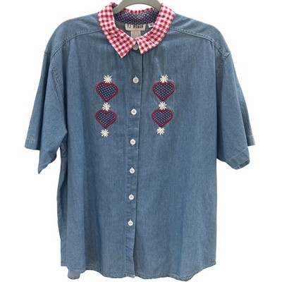 Vintage YJ Woman Chambray Denim Shirt Plus Sz 18 Heart Gingham Cottagecore NOS