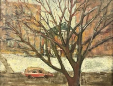 Marie Hull (1890-1980), Vintage Two Sided Oil Painting, Winter Cityscape