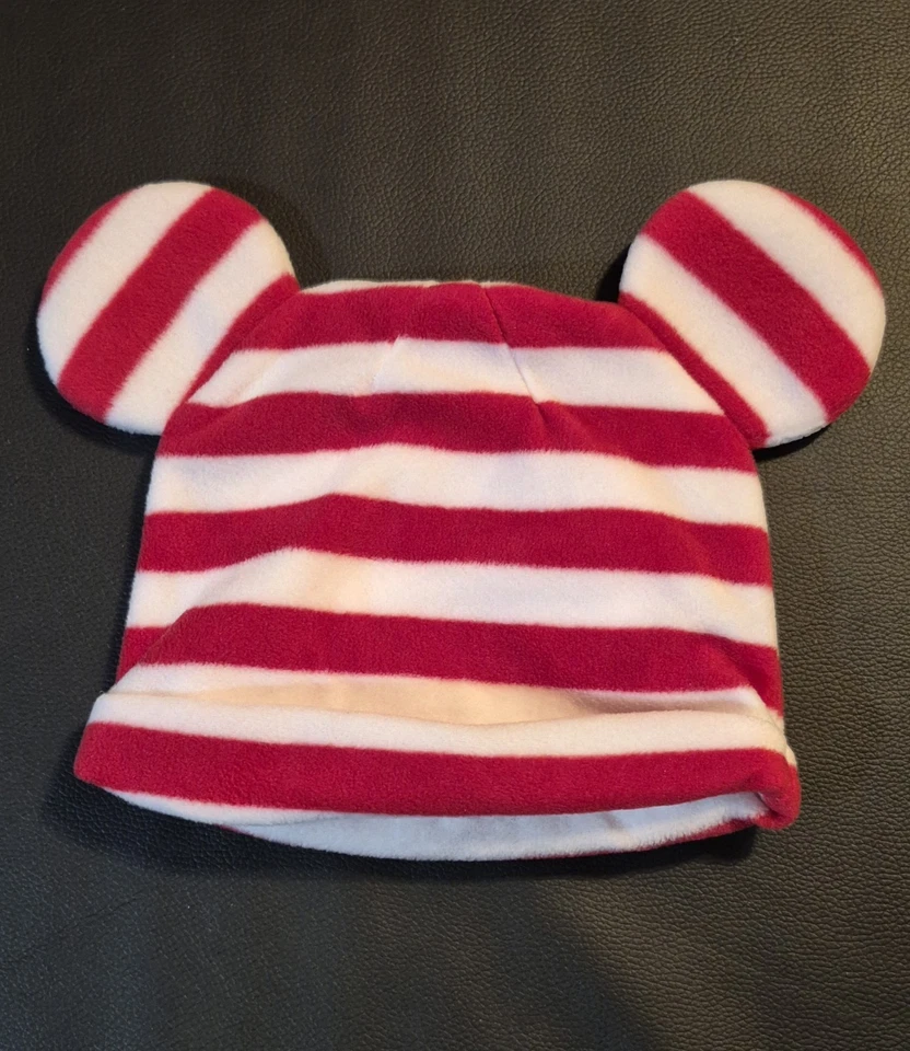 Disney Baby White & Red Striped Mickey Holiday Fleese Ear Beanie US Size 9-12 M - Image 2 of 4