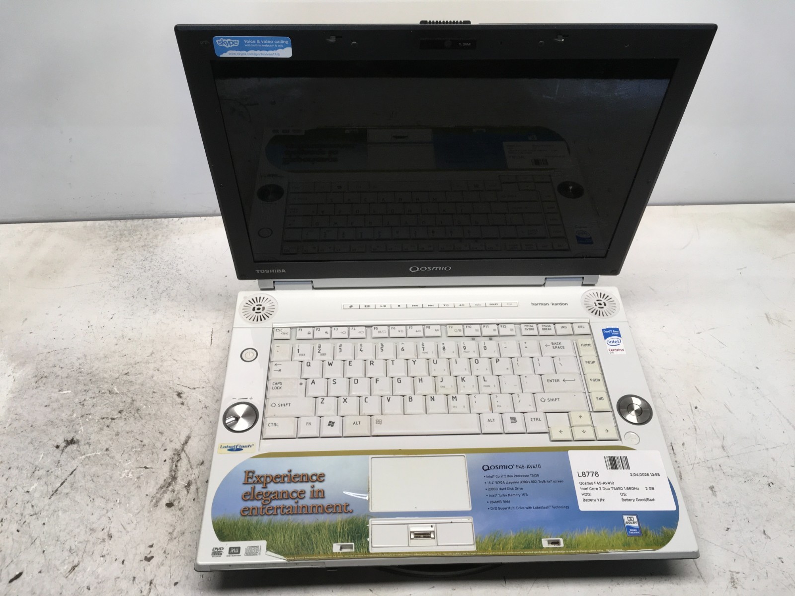 Toshiba Qosmio F45-AV410 Intel Core 2 Duo T5450 1.66GHz 2 GB NO HDD