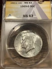 1969-D ANACS MS 63 KENNEDY HALF DOLLAR - NICE MARK FREE EXAMPLE