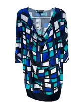 Fashion Bug NWT Size 2X Blue  Black Geometric Top 3/4 Sleeves READ