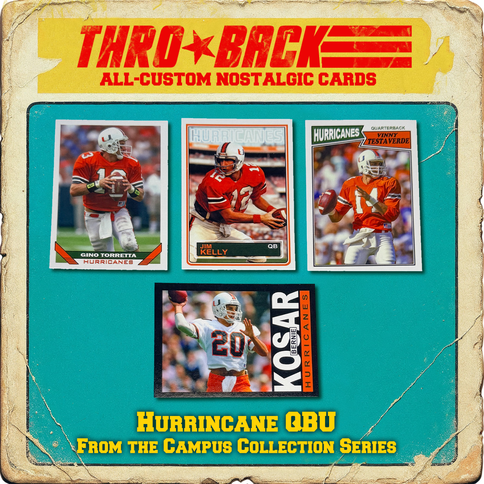 THROBACK custom Football Cards Miami Hurricanes QB Set Kosar Kelley Testaverde