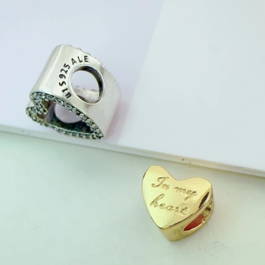 Dije de circonita cúbica de corazones dobles separables chapados en plata y oro 925 se adapta a pulsera Eur/Momentos Foto 3 de 4