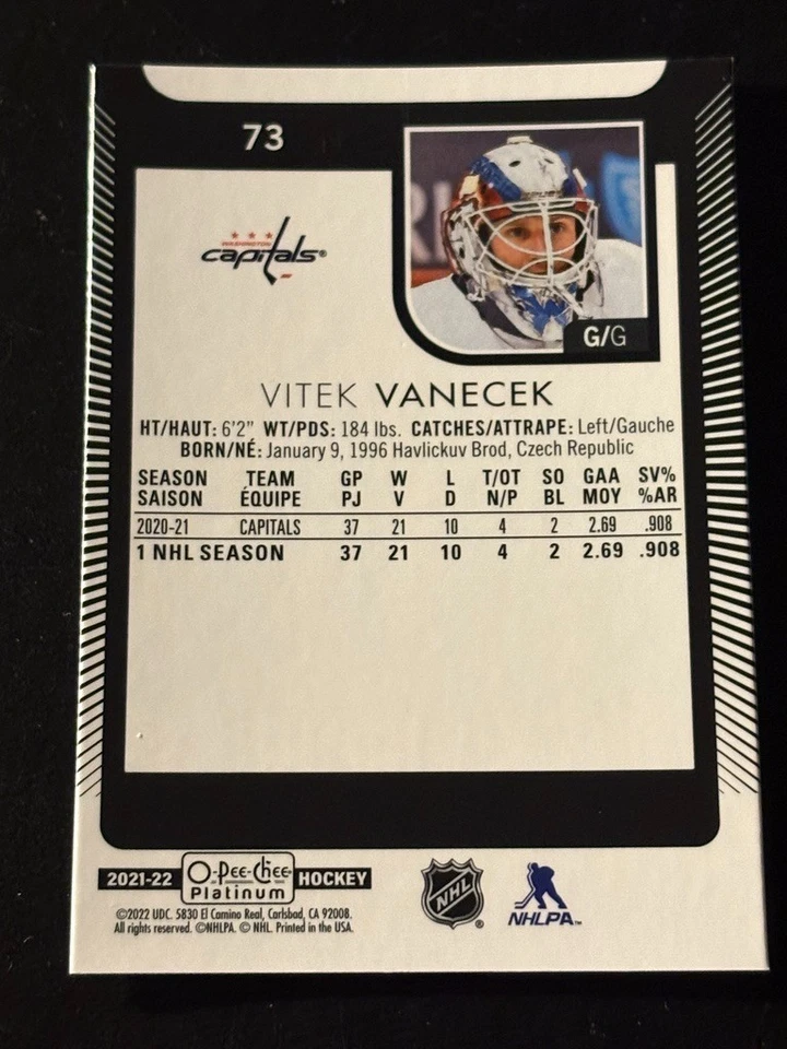 Vitek Vanecek 2021-22 O-Pee-Chee Platinum #73 Washington Capitals - Image 2 of 2