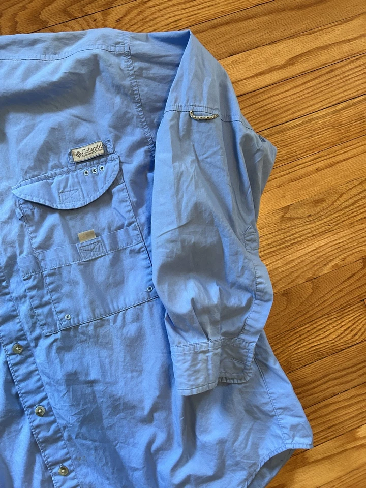 Мужская рубашка Columbia средний размер PFG с длинным рукавом светло-голубая вентилируемая на пуговицах - Изображение 3 из 4